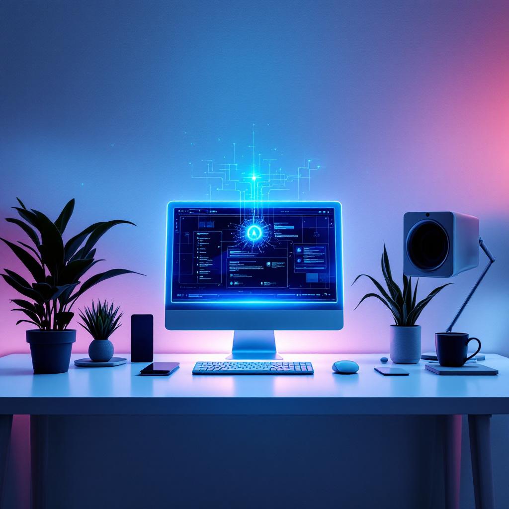 AI website builder visualization with holographic wireframe materializing from a glowing core