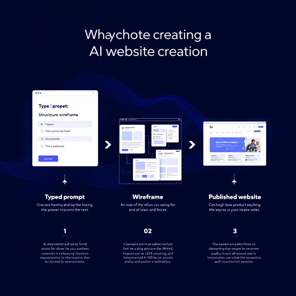 Three stages of AI website creation: prompt, wireframe, published site