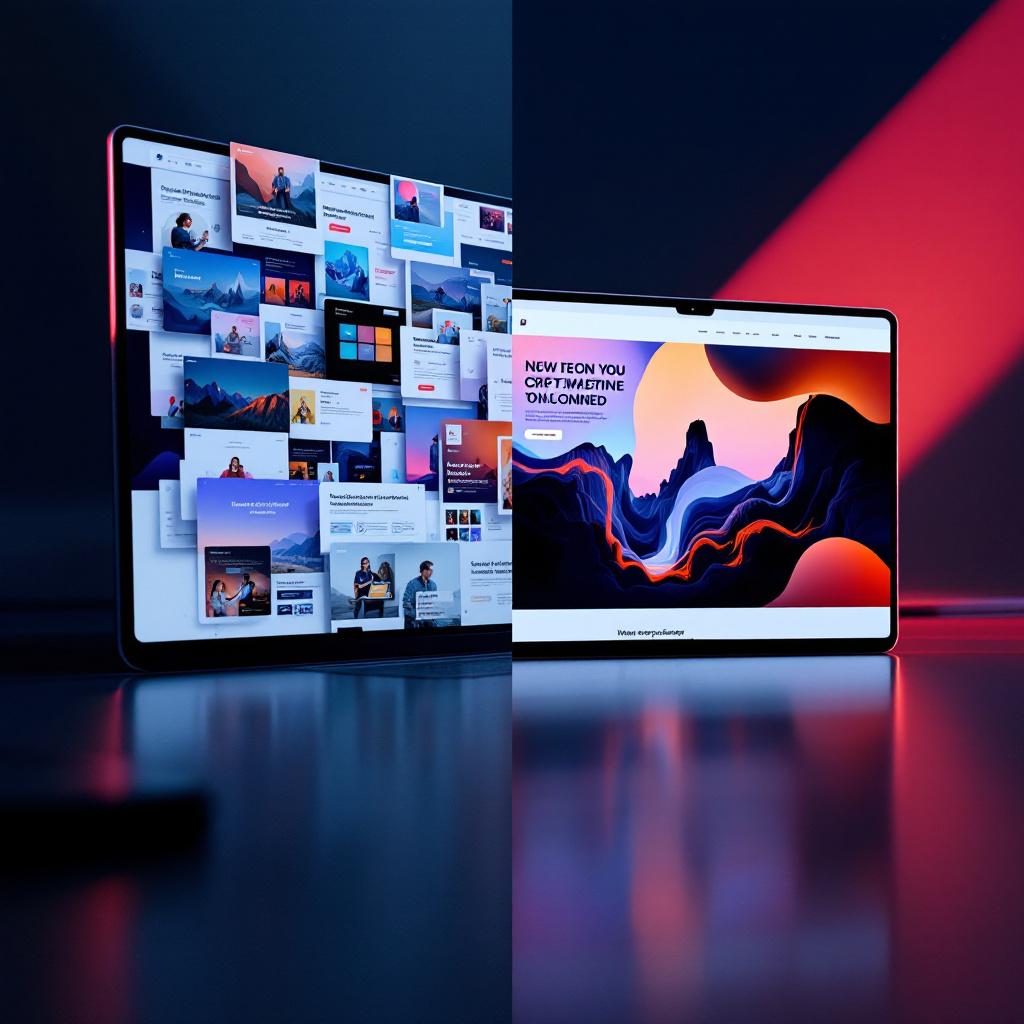 Cluttered drag and drop builder dissolving into a clean modern website