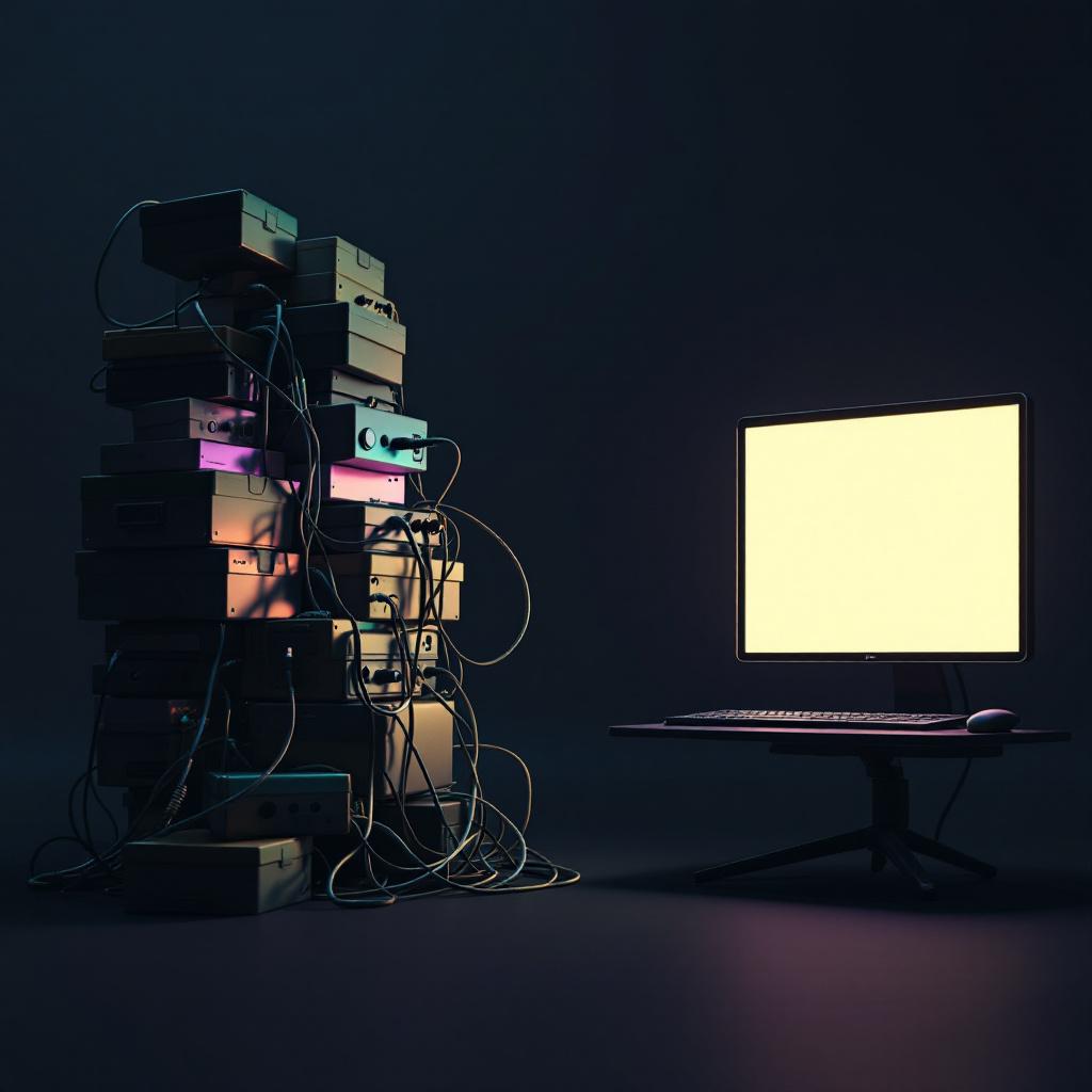 A heavy stack of plugin boxes dissolving into a clean static site