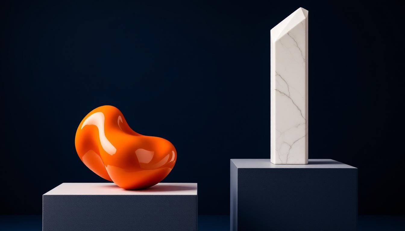 Editorial still life: glossy organic orange blob beside a minimalist marble obelisk on dark plinths, illustrating the contrast between Wix and Squarespace design philosophies