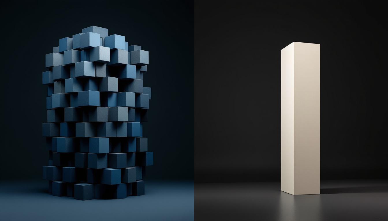 Editorial still life: dense blue modular cube construction beside a single ivory monolith, illustrating the contrast between WordPress flexibility and Squarespace simplicity