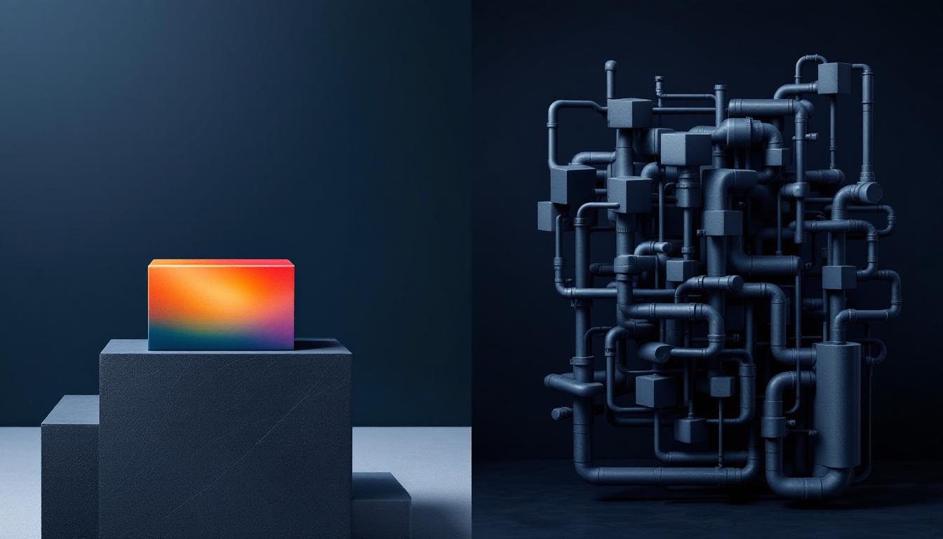 Editorial still life: sealed gradient orange box beside an interconnected lattice of dark pipes and modular cubes, illustrating the contrast between Wix bundled simplicity and WordPress modular complexity