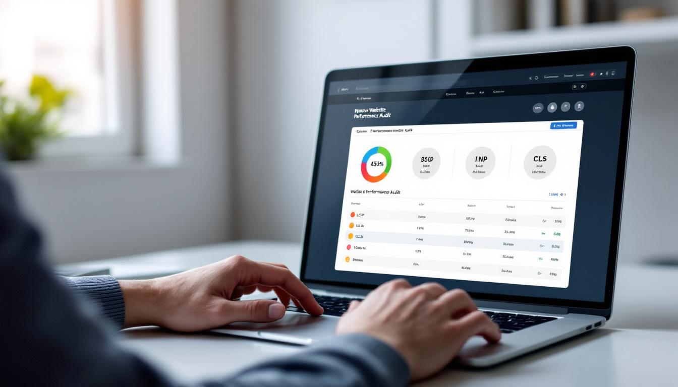 Laptop screen displaying a Lighthouse-style website performance audit dashboard with score gauges and metrics