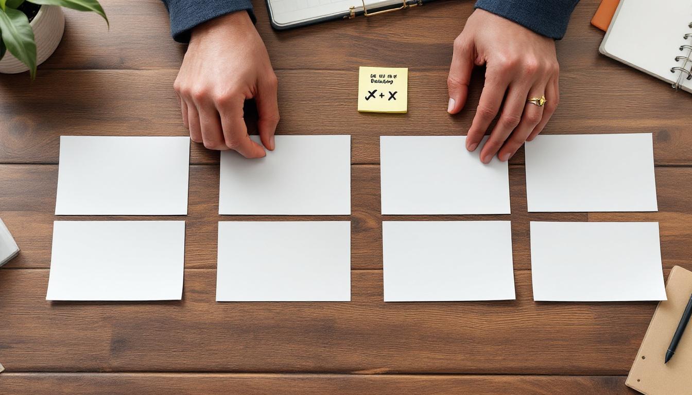 Hands sorting through printed comparison cards of multiple website builders arranged on a desk