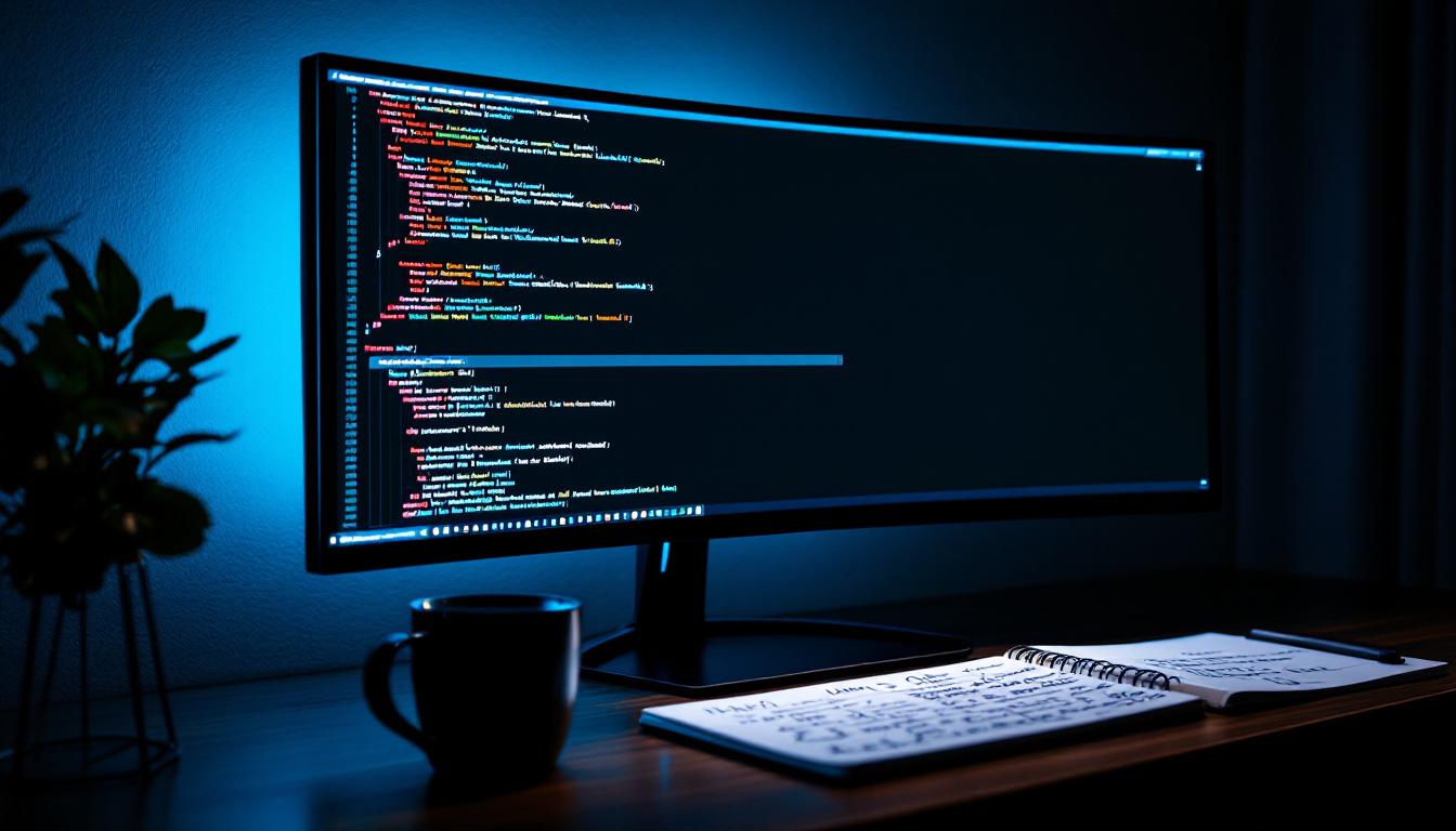 Developer monitor showing a terminal window with structured log lines and code being generated in real time