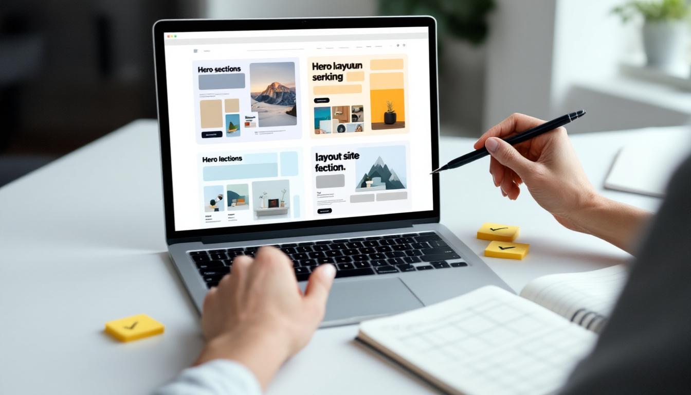 Designer at a desk reviewing several auto-generated website layout variations on a laptop with handwritten feedback notes beside it