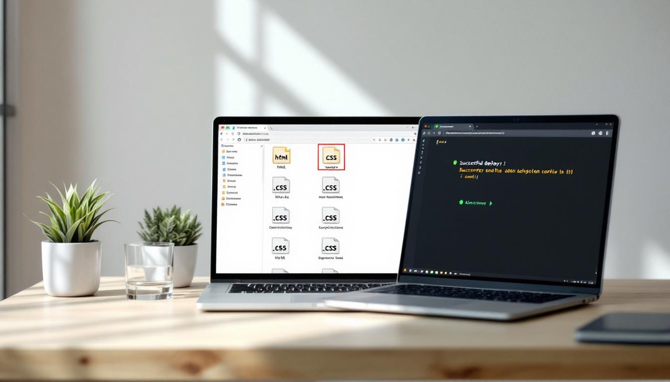 Laptop showing a clean folder of HTML and CSS files in a file explorer with a successful deploy notification on screen