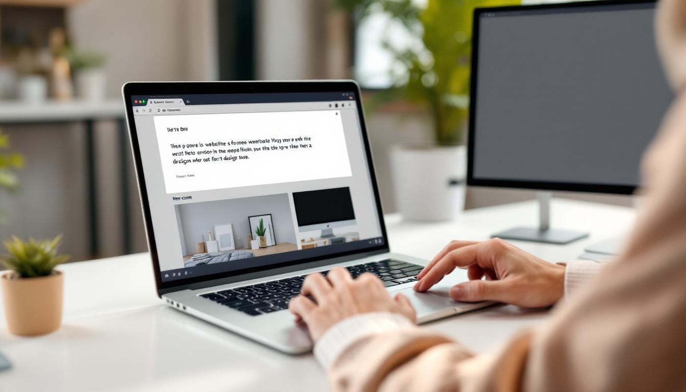 Person typing a brief into a prompt input box on a laptop screen with a small live website preview pane updating beside it