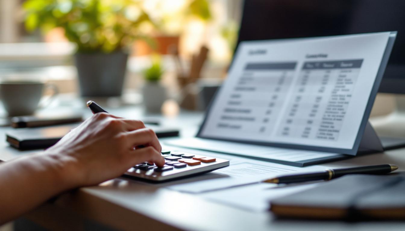 Wooden desk with a chrome calculator and a hand holding a pen, with a printed pricing comparison sheet blurred in the background, representing three-year cost calculations for website builders