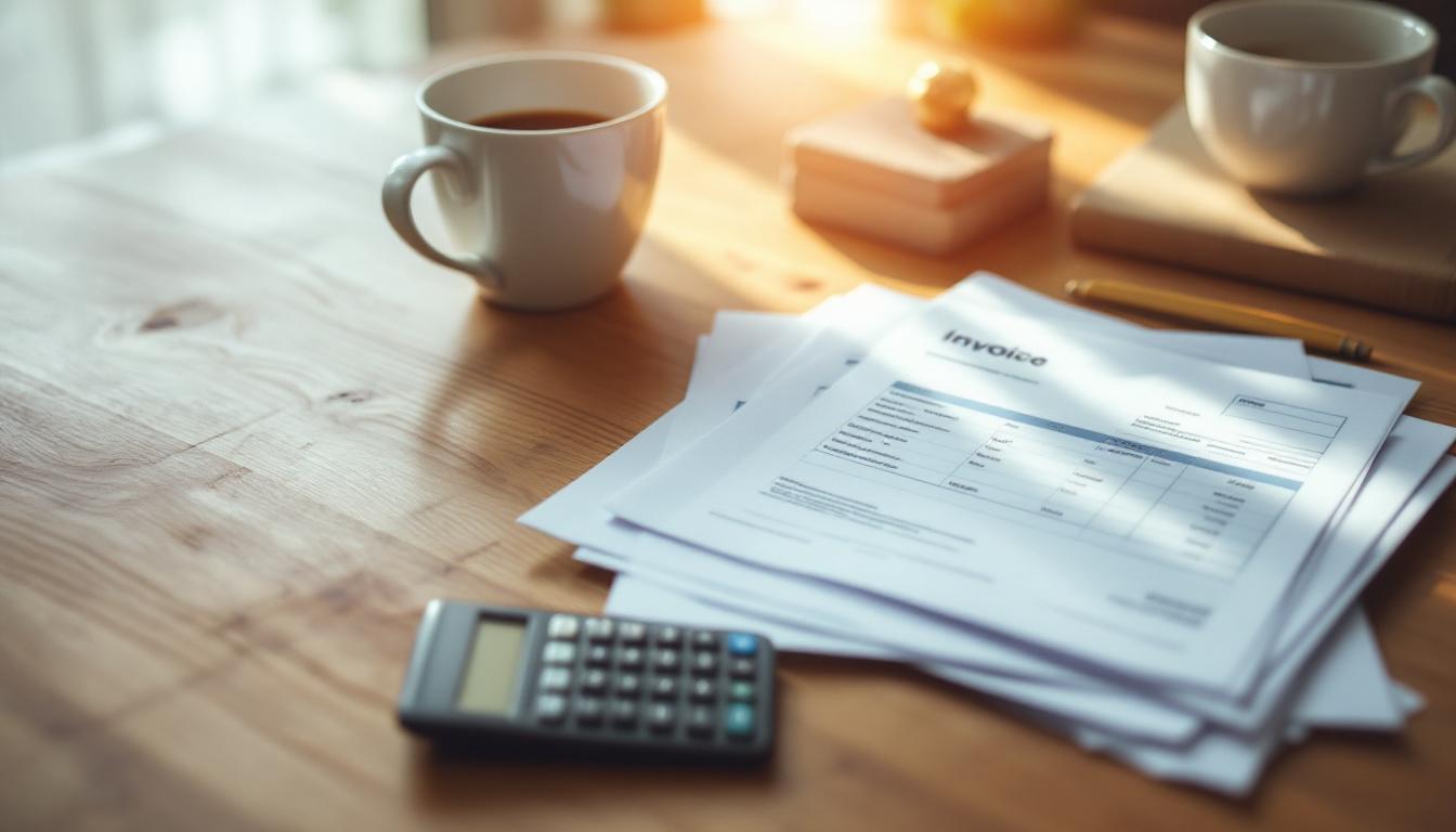 A stack of printed invoices and a calculator on a wooden desk representing the cost lines of running a WordPress website