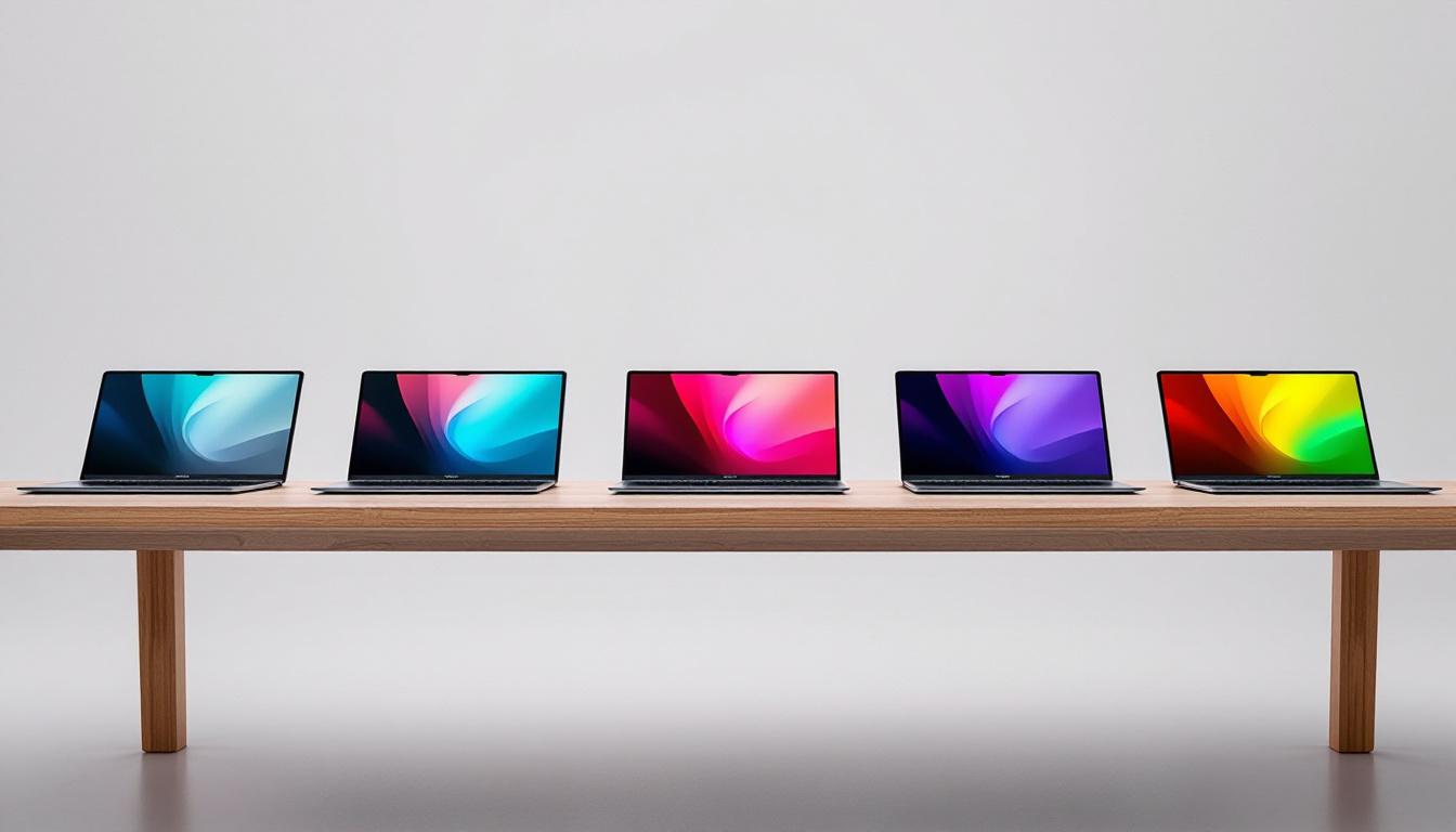Six laptops in a row on a wooden table representing six different website platform alternatives compared side by side