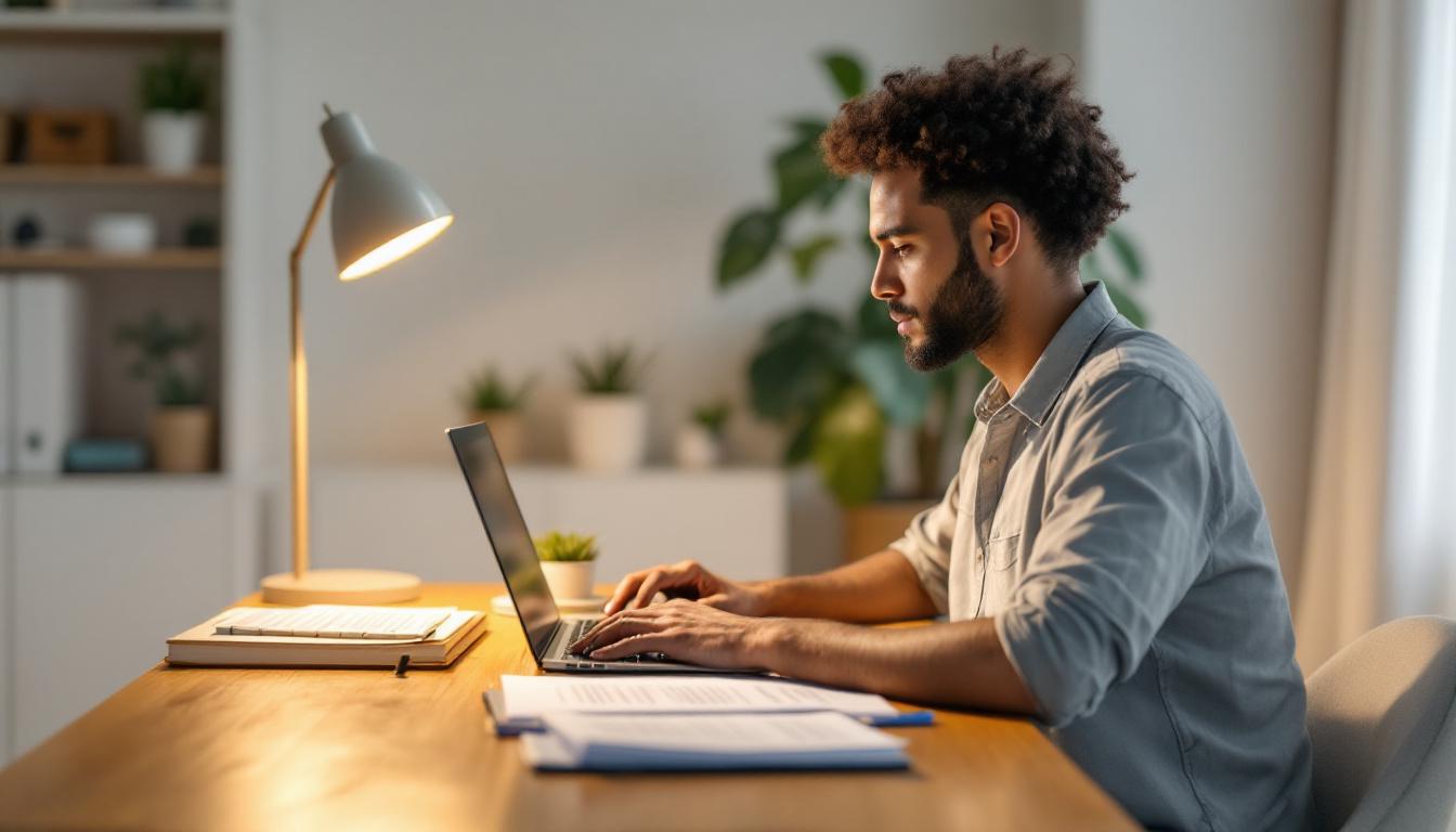 A web professional at a laptop with notes and printed documents working through a website migration process
