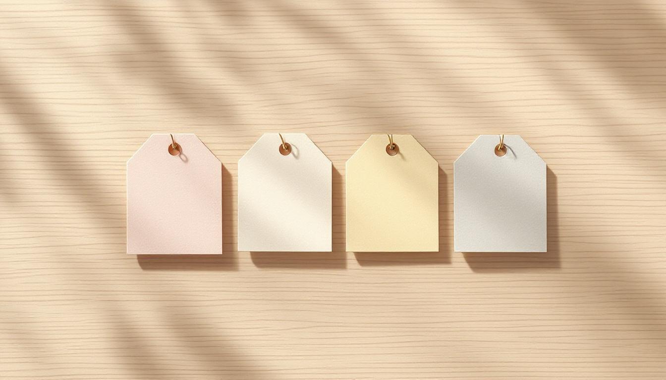 Four price tags in a row on a wooden desk representing four different website cost tiers
