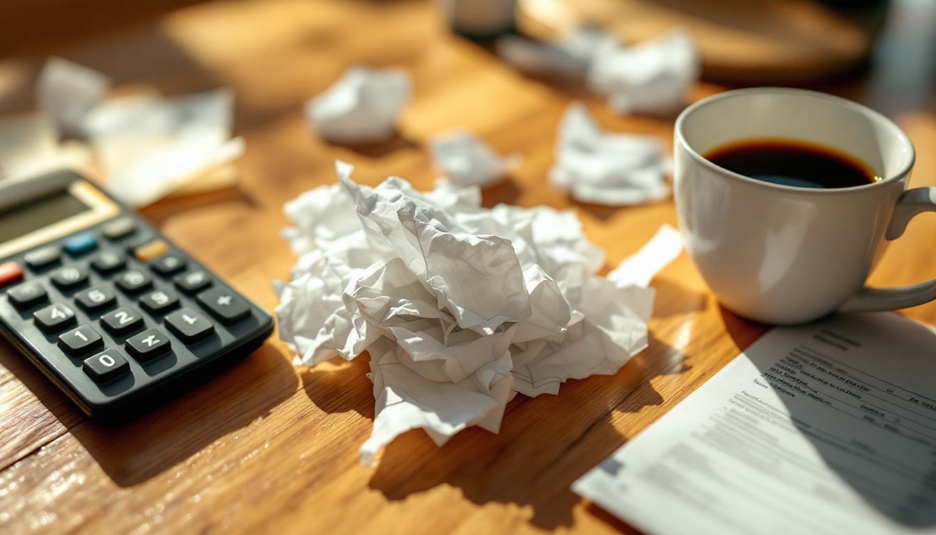 A pile of paper receipts and a calculator on a kitchen table representing hidden costs in cheap website plans