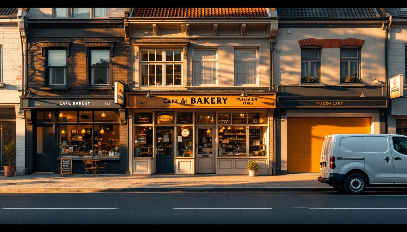 A row of small business shopfronts including a cafe and a tradesman van representing different small business types
