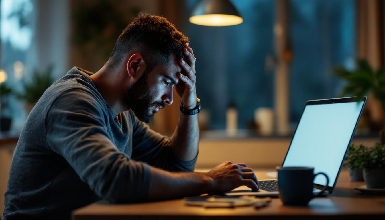 A person at a kitchen table in the evening looking frustrated while staring at a laptop