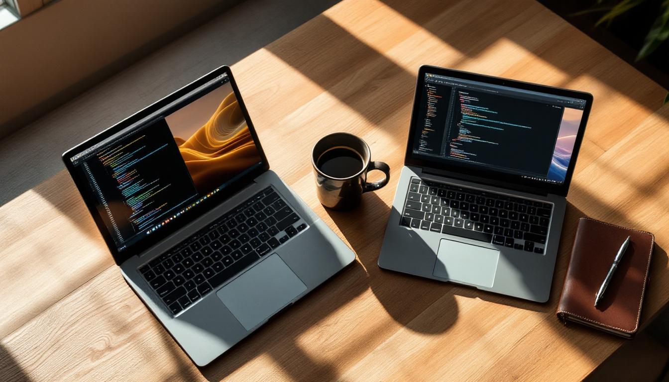 Two laptops side by side during a weekend website migration with one showing code and the other showing a website preview