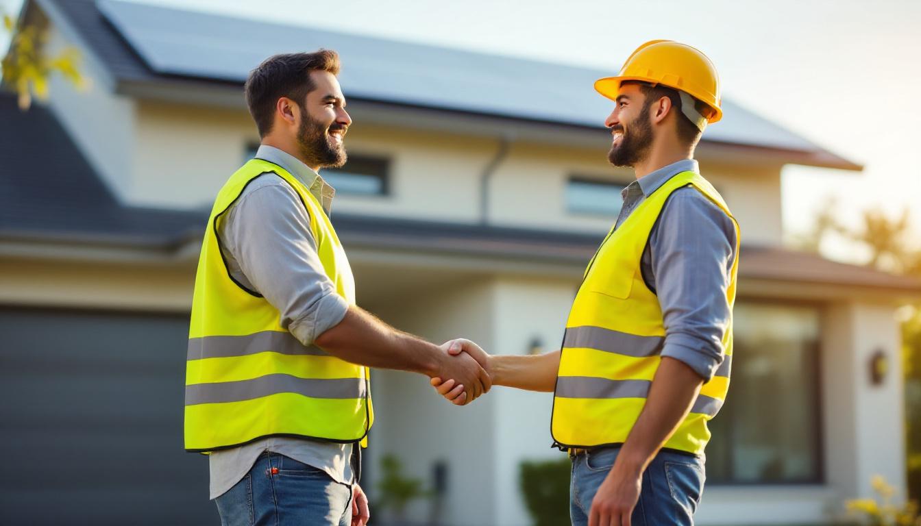 A solar installer shaking hands with a happy homeowner outside a house with newly installed solar panels