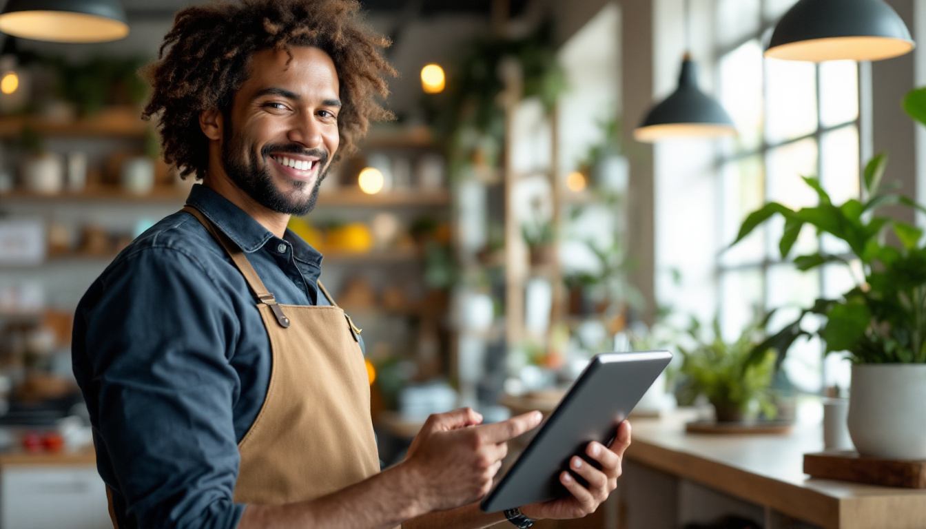 A small business owner holding a tablet showing their fast new website