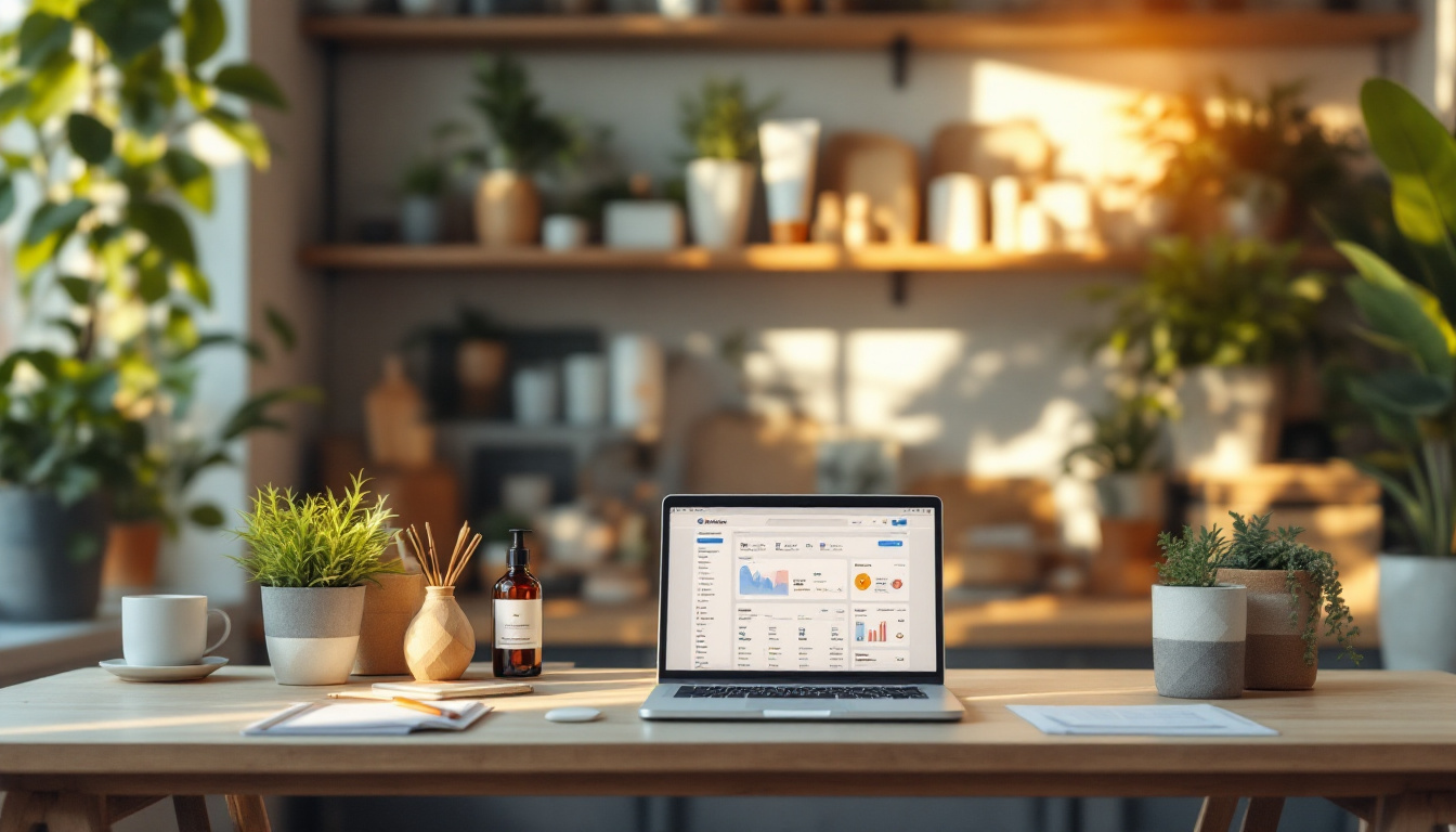 A small business workspace with products and an ecommerce dashboard on a laptop