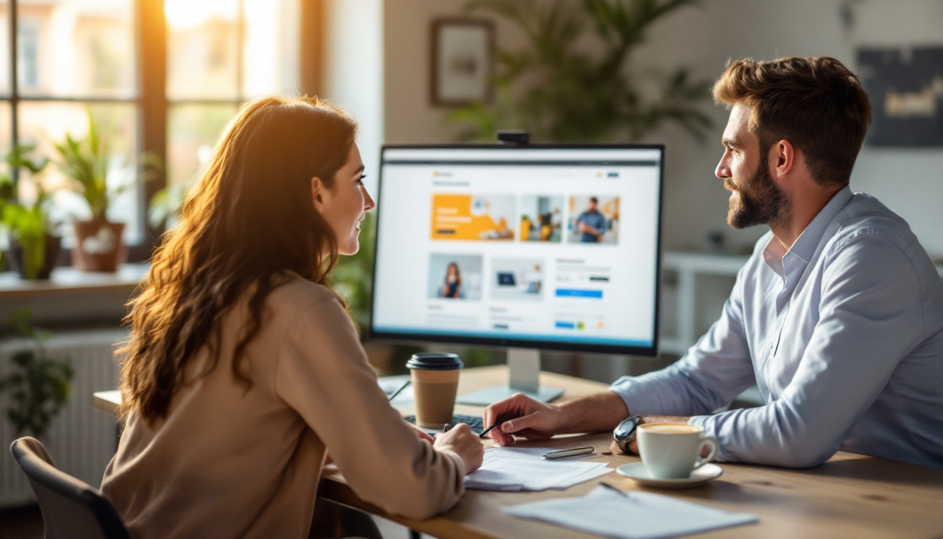 An account manager and a store owner reviewing website changes together on a screen during a working session