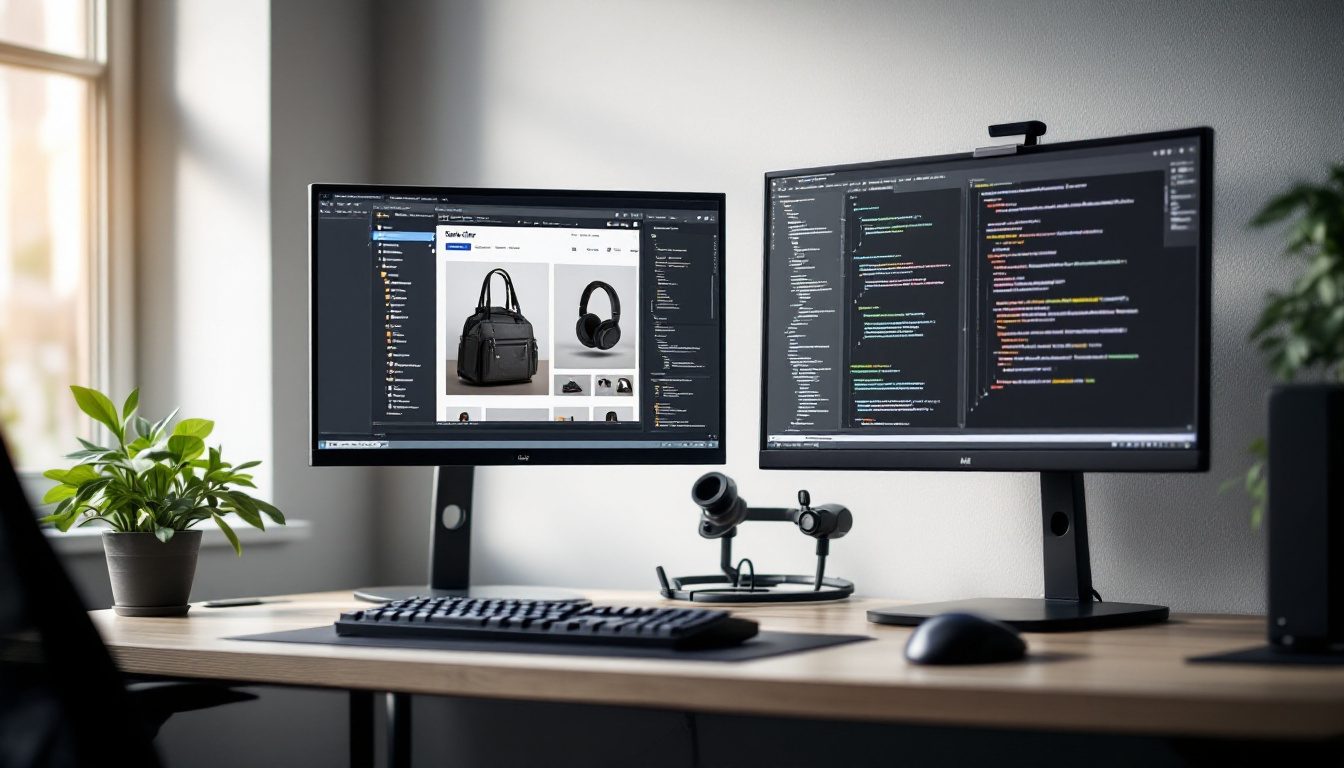 A developer workstation showing a storefront page and its checkout logic open side by side on two monitors