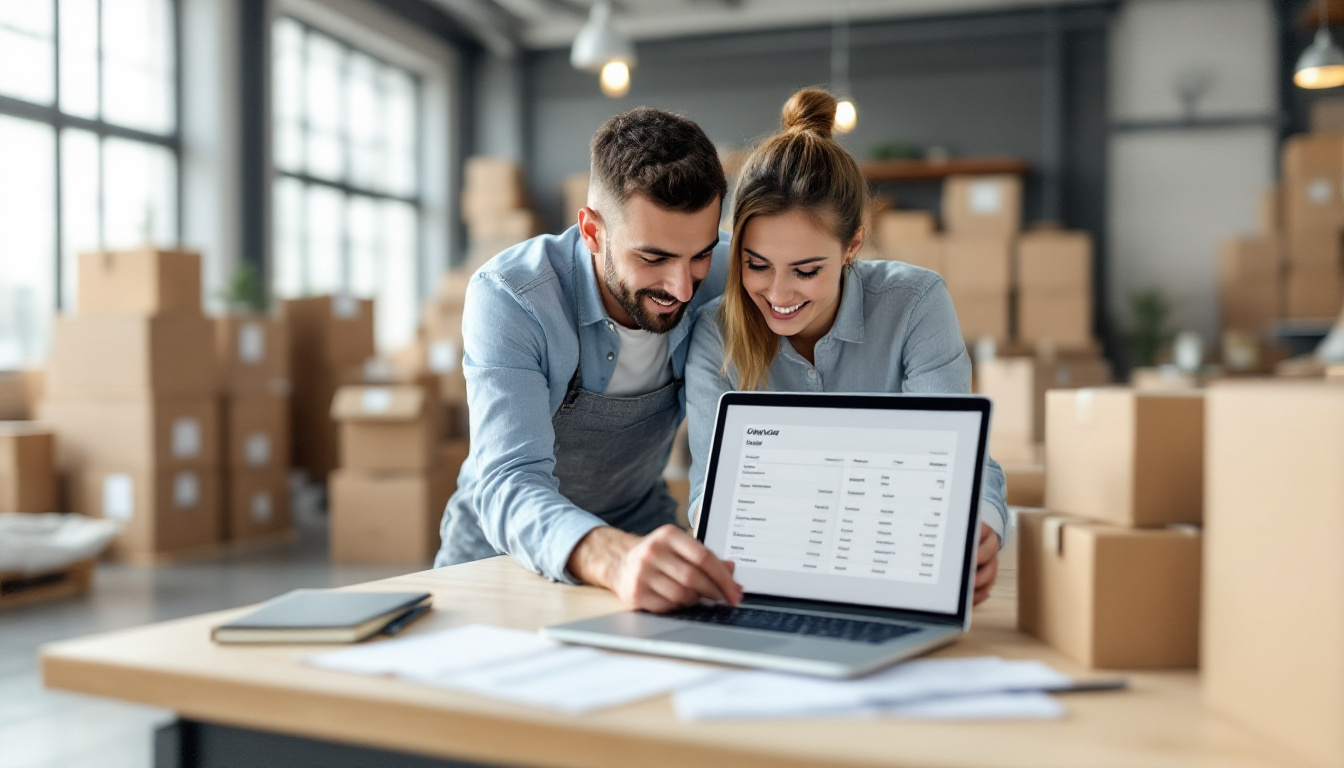 A small ecommerce team reviewing store orders and a monthly software invoice on a laptop in a packing area