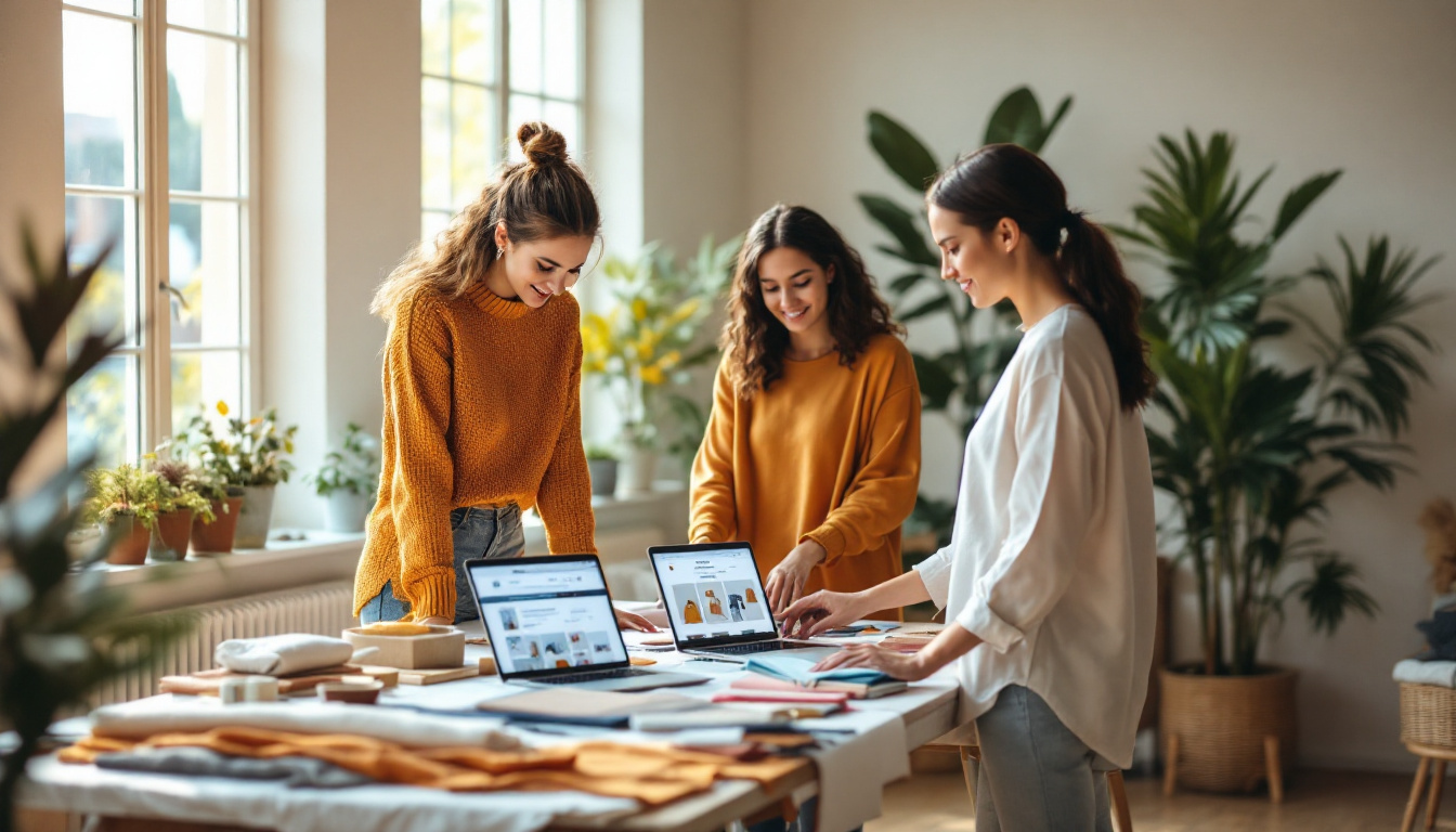A small business team standing around a studio table of product samples with a laptop showing their online shop homepage