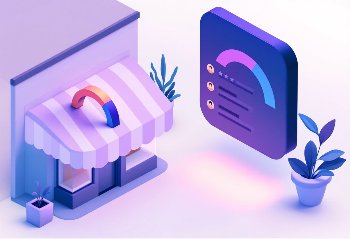 Illustration of a shopfront beside a review widget showing a rating arc and customer rows