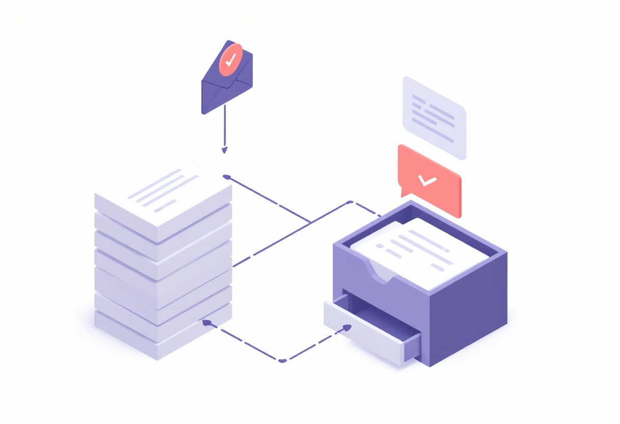 Illustration of incoming messages sorting into an approved tray and a quarantine tray with a draft reply above