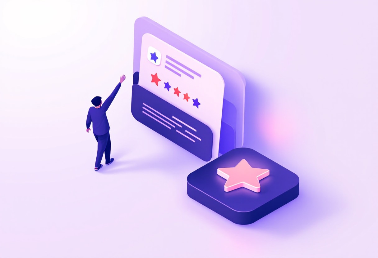 Illustration of stacked product review cards with star ratings and photo thumbnails