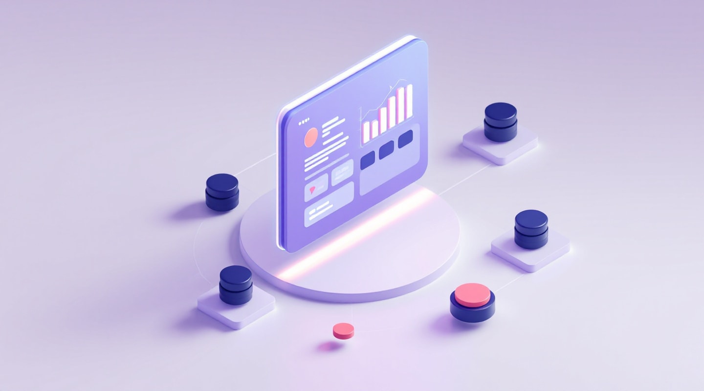 Illustration of a website dashboard surrounded by seven app tiles already connected to it