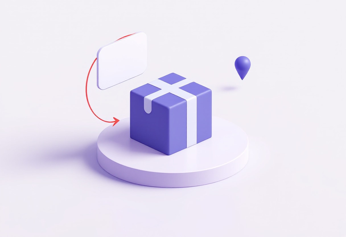 Illustration of a parcel on a plinth with a shipping label and a tracking line running to a map pin