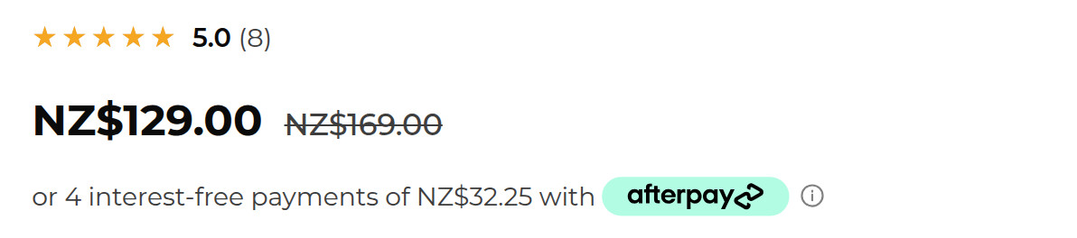 A product page showing a five star rating badge with a review count directly above the price