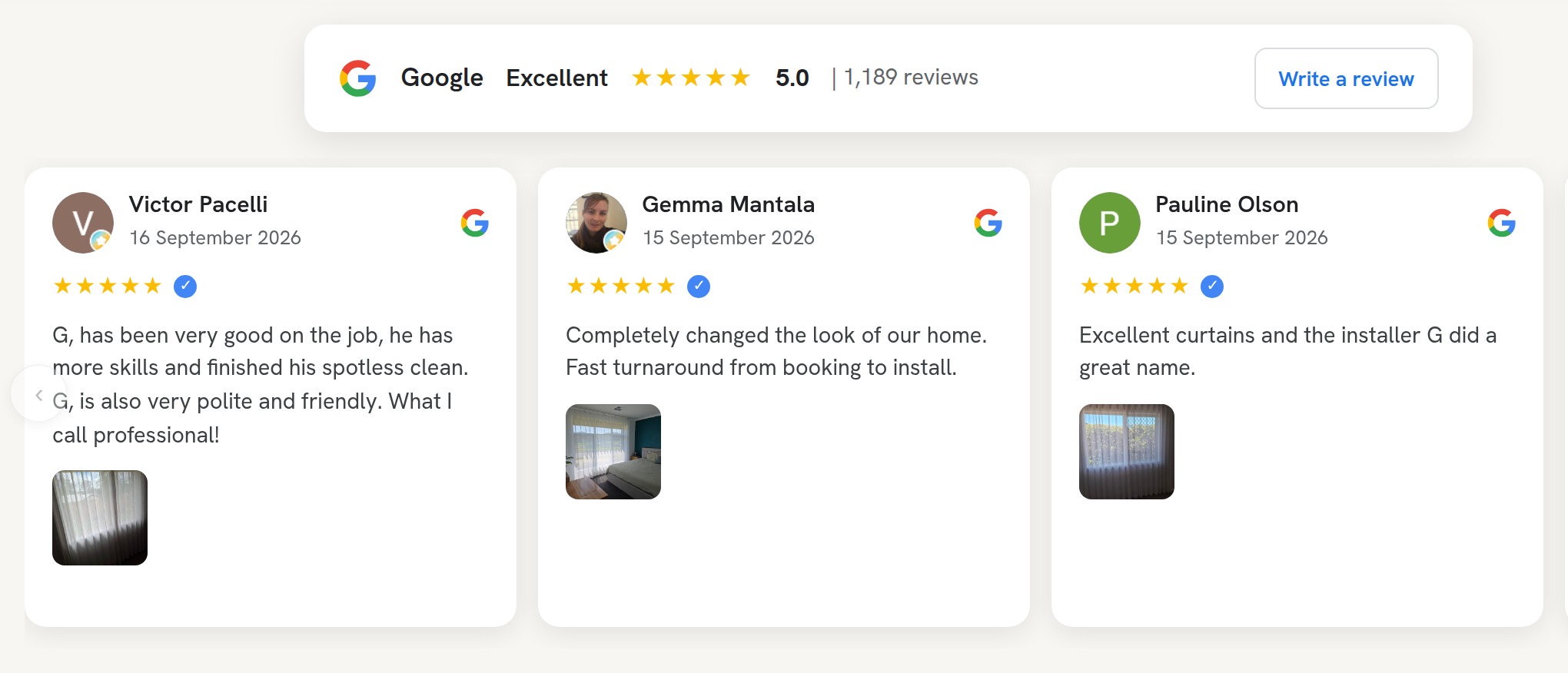 A Google reviews band showing a five star summary bar with a review count above three review cards carrying names, dates, verified ticks and customer photos