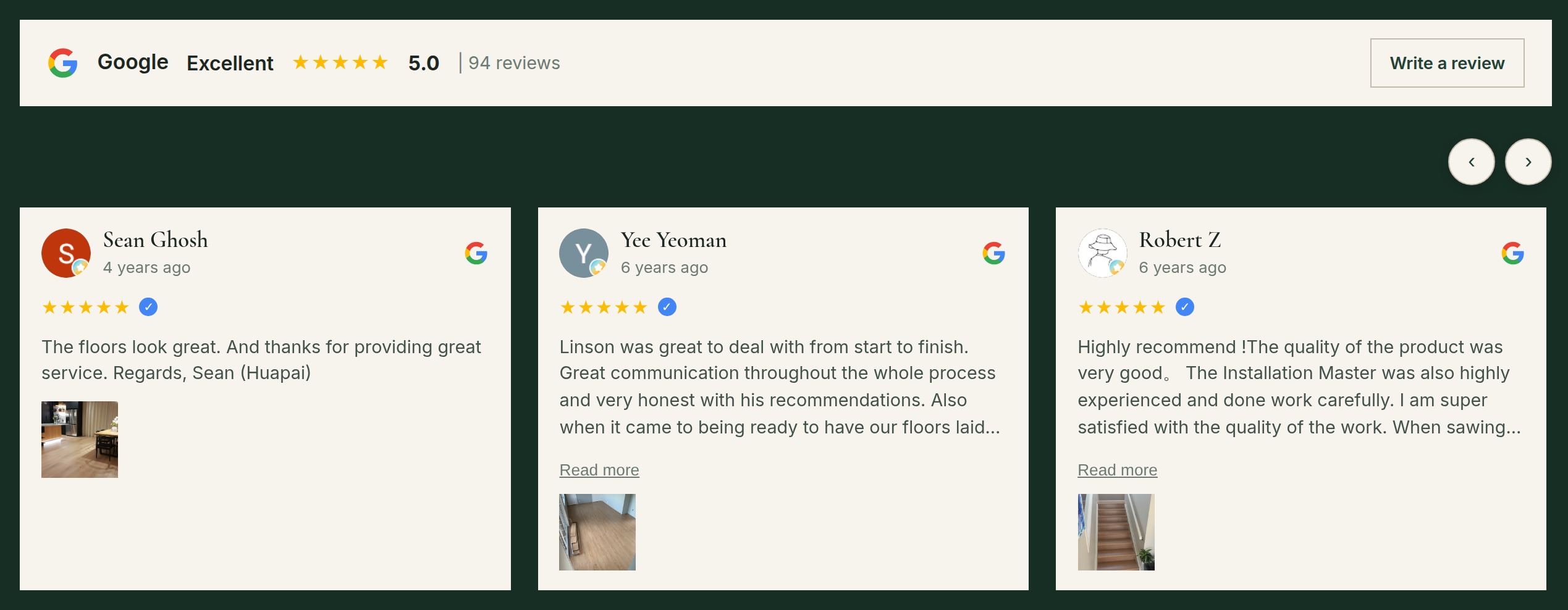 The same Google reviews band on a dark green site with serif headings, cream square cards and no drop shadows