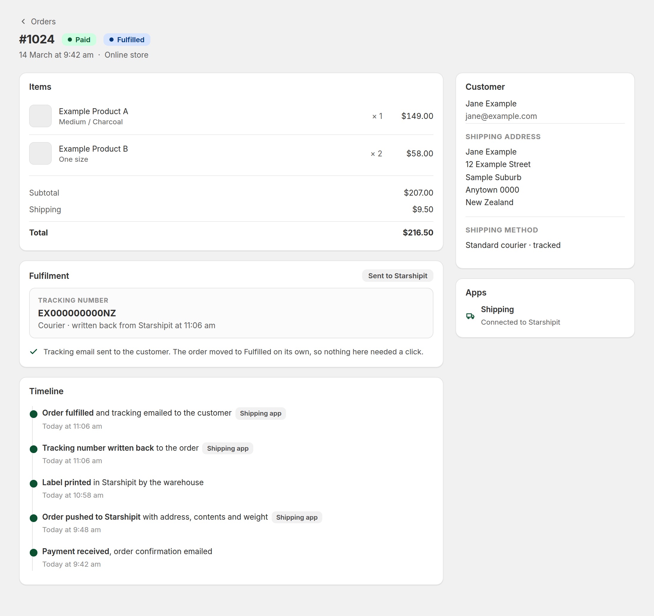 A store order page showing a paid and fulfilled order with a tracking number written back from Starshipit and a timeline of automatic steps