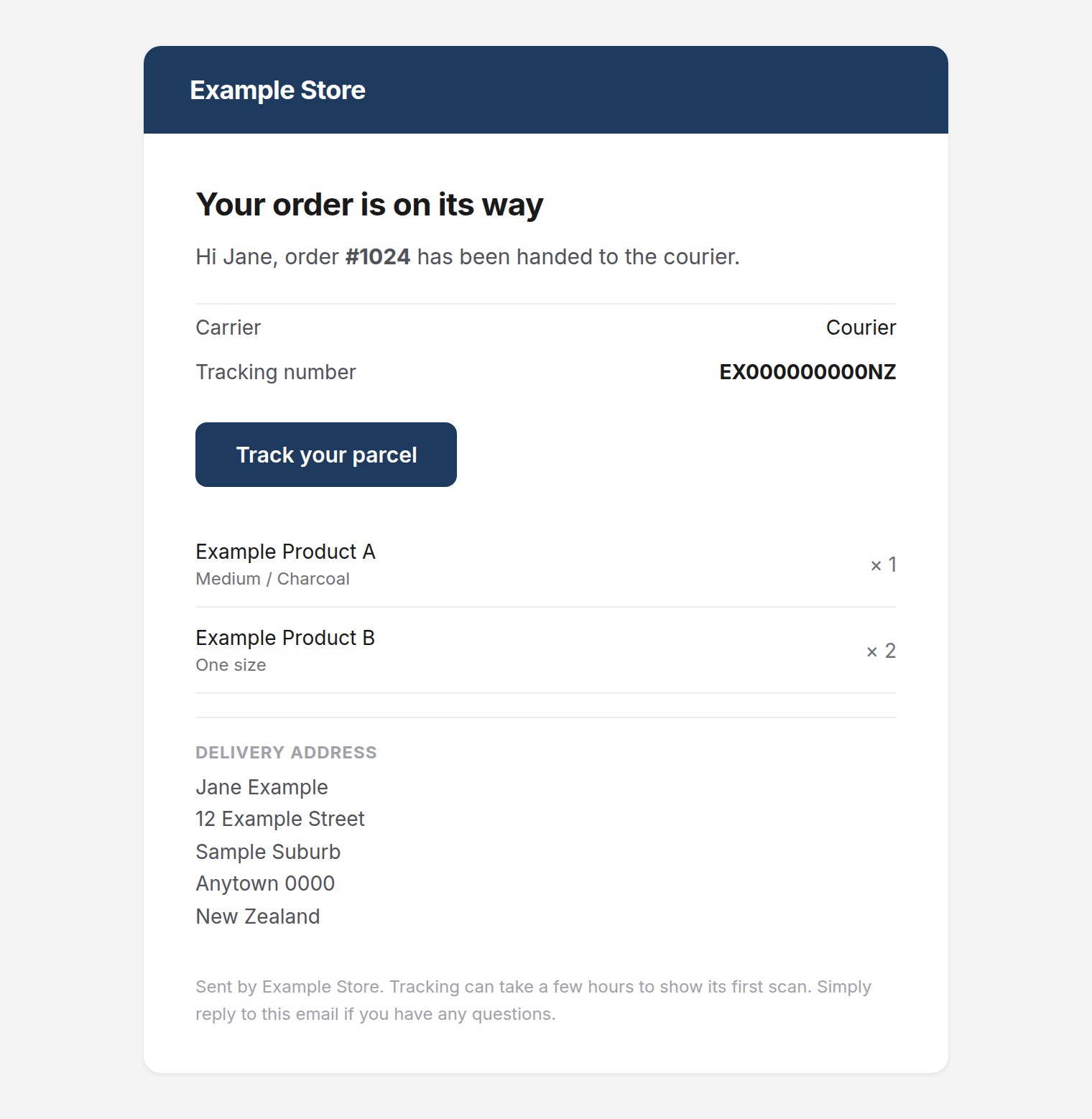 A shipping confirmation email in a store's own branding with the carrier, tracking number, a track your parcel button and the delivery address