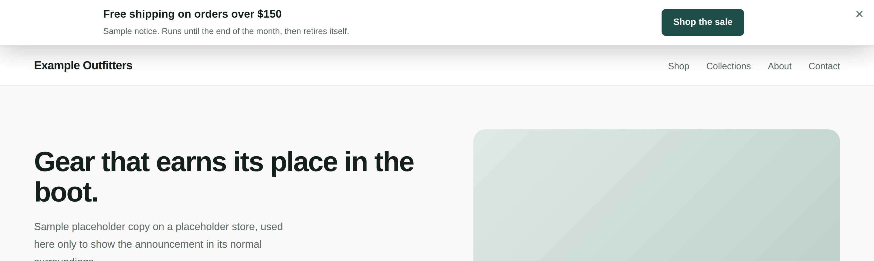 A notice bar across the top of a shop home page reading free shipping on orders over 150 dollars, with a call to action button and a close control