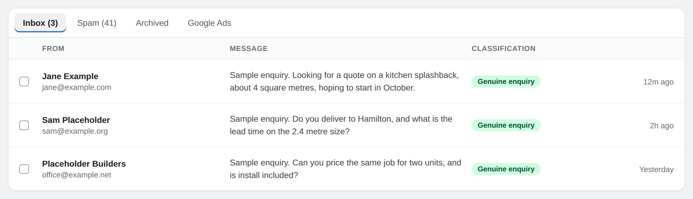 A lead inbox listing three enquiries, each tagged as a genuine enquiry, with tabs for inbox, spam, archived and Google Ads