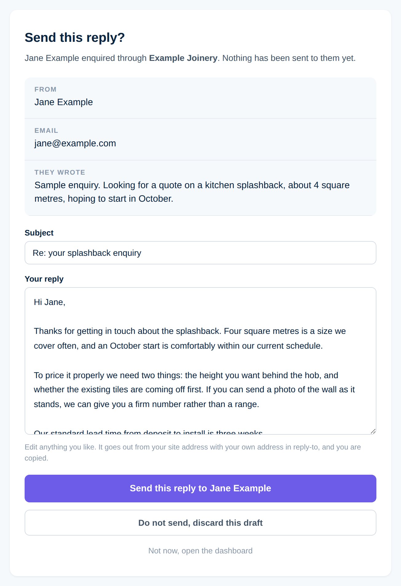 An approval page headed send this reply, showing the enquiry, an editable subject and reply, a send button and a discard button