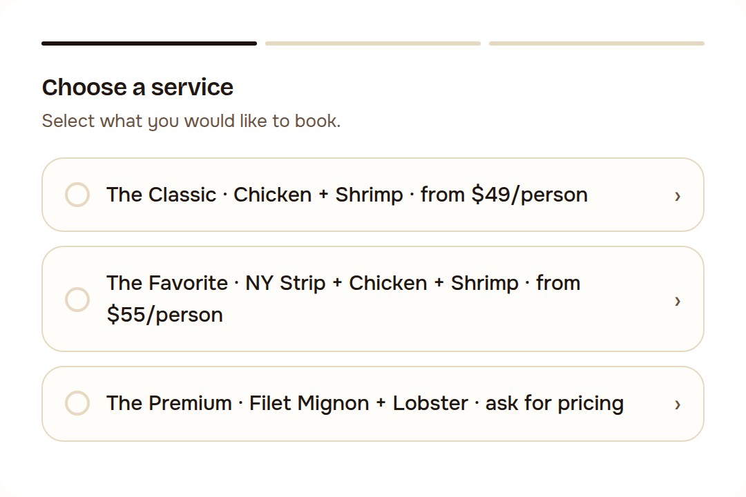 A booking widget asking the customer to choose a service, with three service options listed as selectable rows