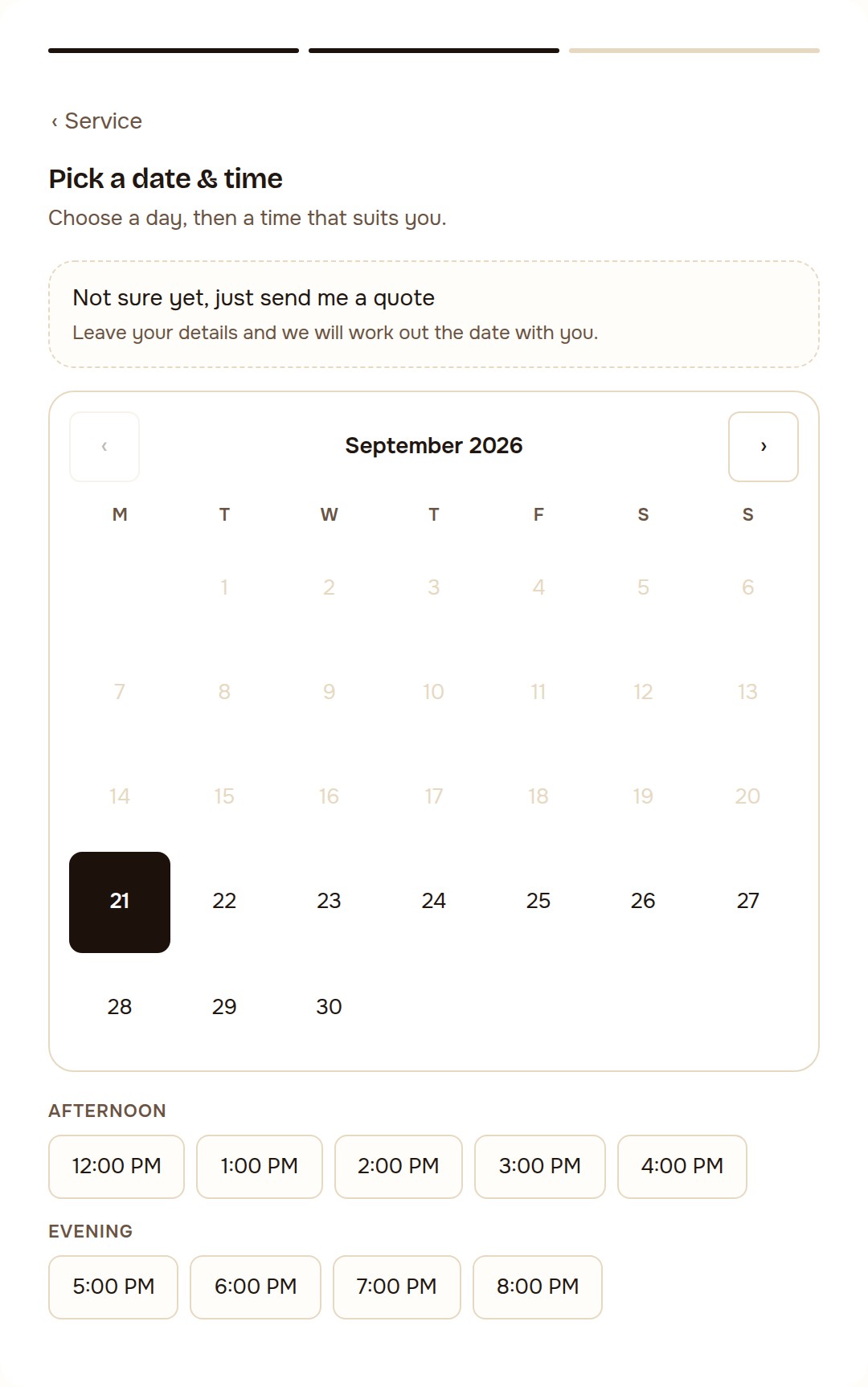 A booking calendar with past and closed dates greyed out, a selected day, and available times grouped into afternoon and evening