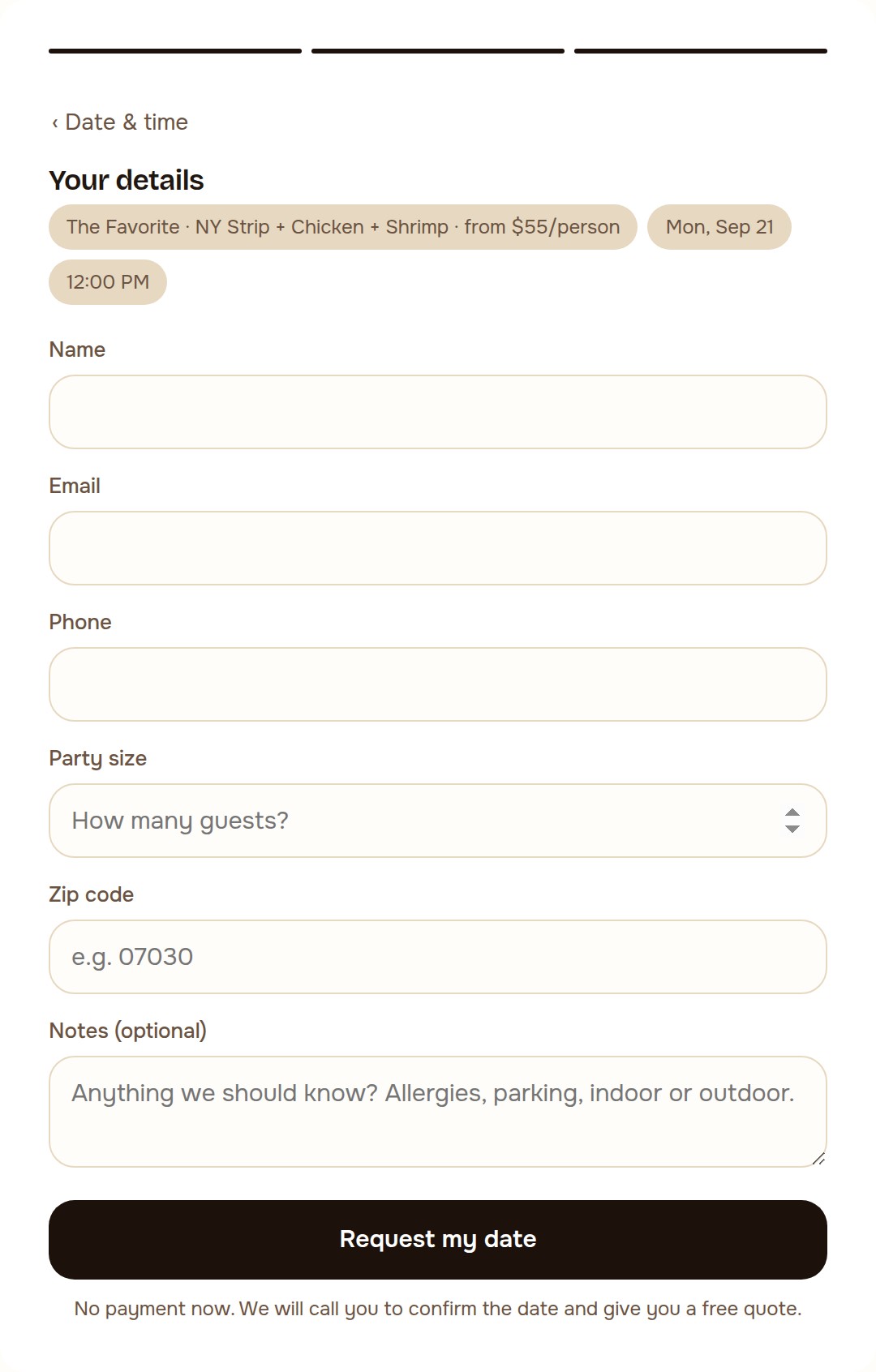 The details step of a booking widget showing the chosen service, date and time as chips above name, email, phone, party size, postcode and notes fields