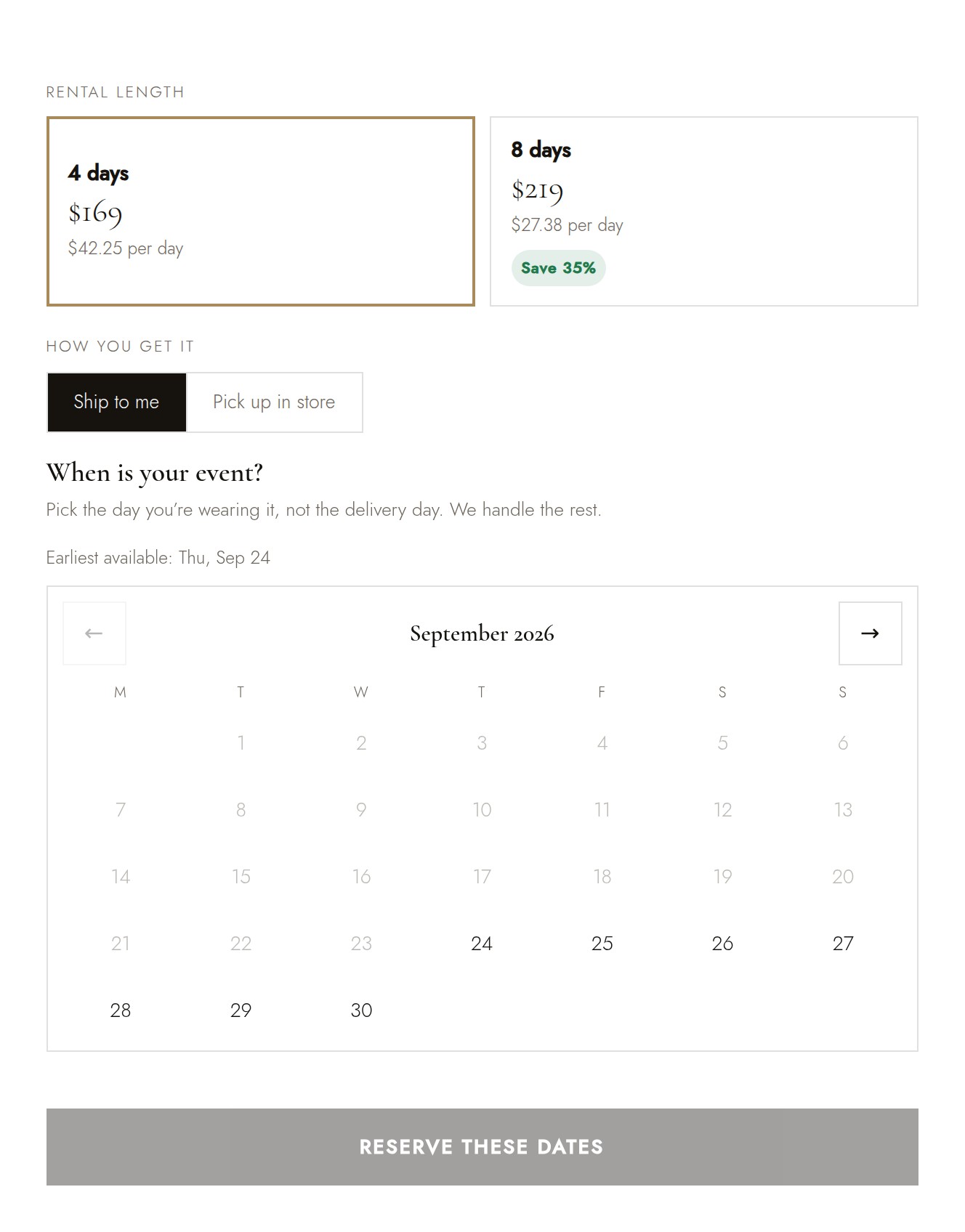 A rental booking panel showing two hire length options with per day pricing, a delivery method switch, and a calendar where unavailable days are greyed out