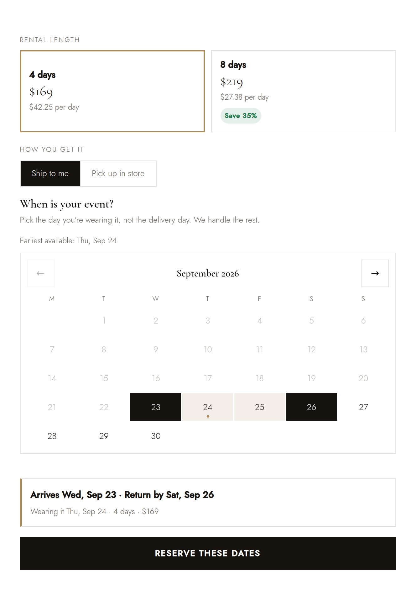 The same rental calendar with a hire period selected, delivery and return days marked either side of the wear date, and a summary line giving the arrival and return dates with the total