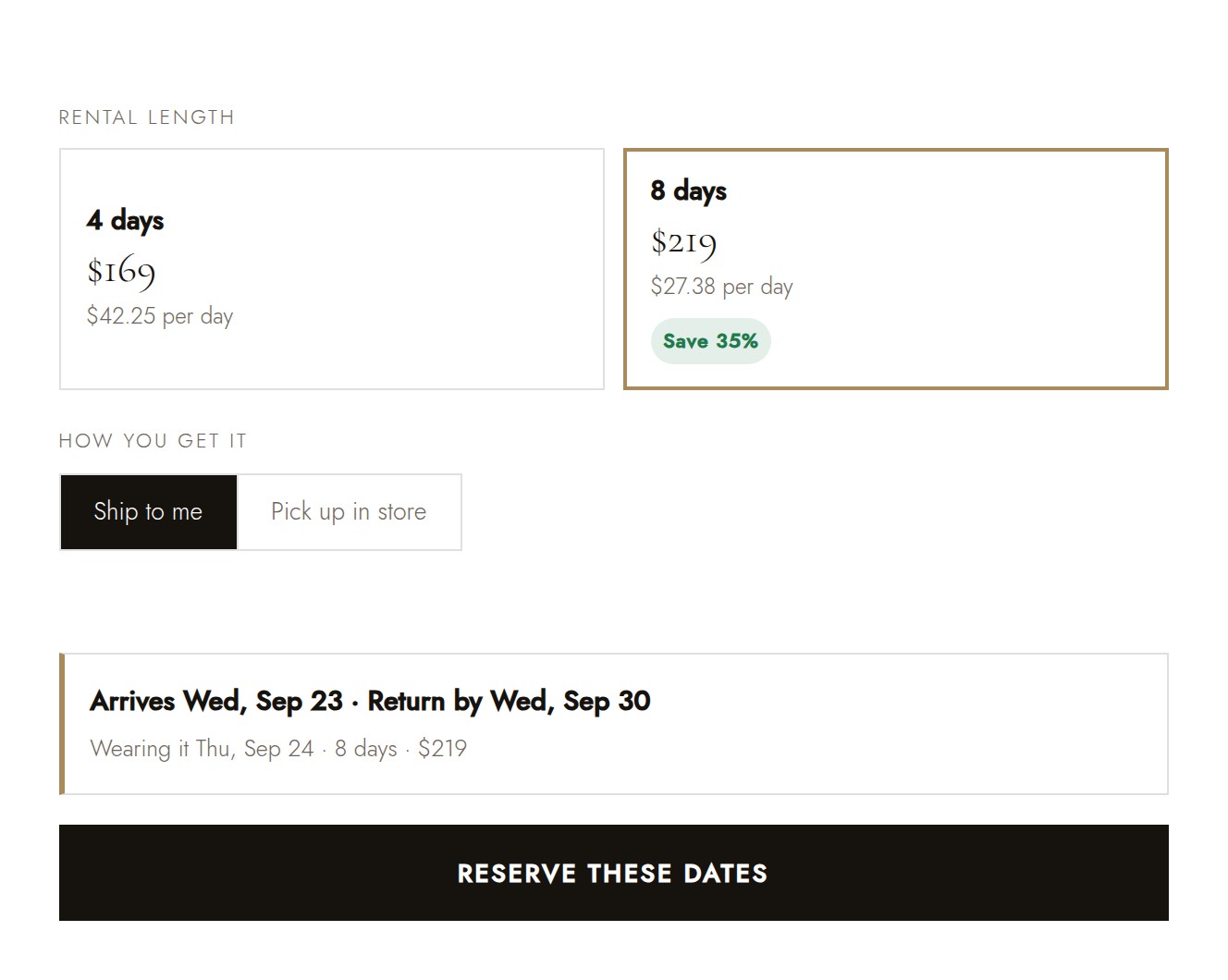 The rental panel with the eight day hire option selected, showing a lower per day rate and a recalculated return date in the summary