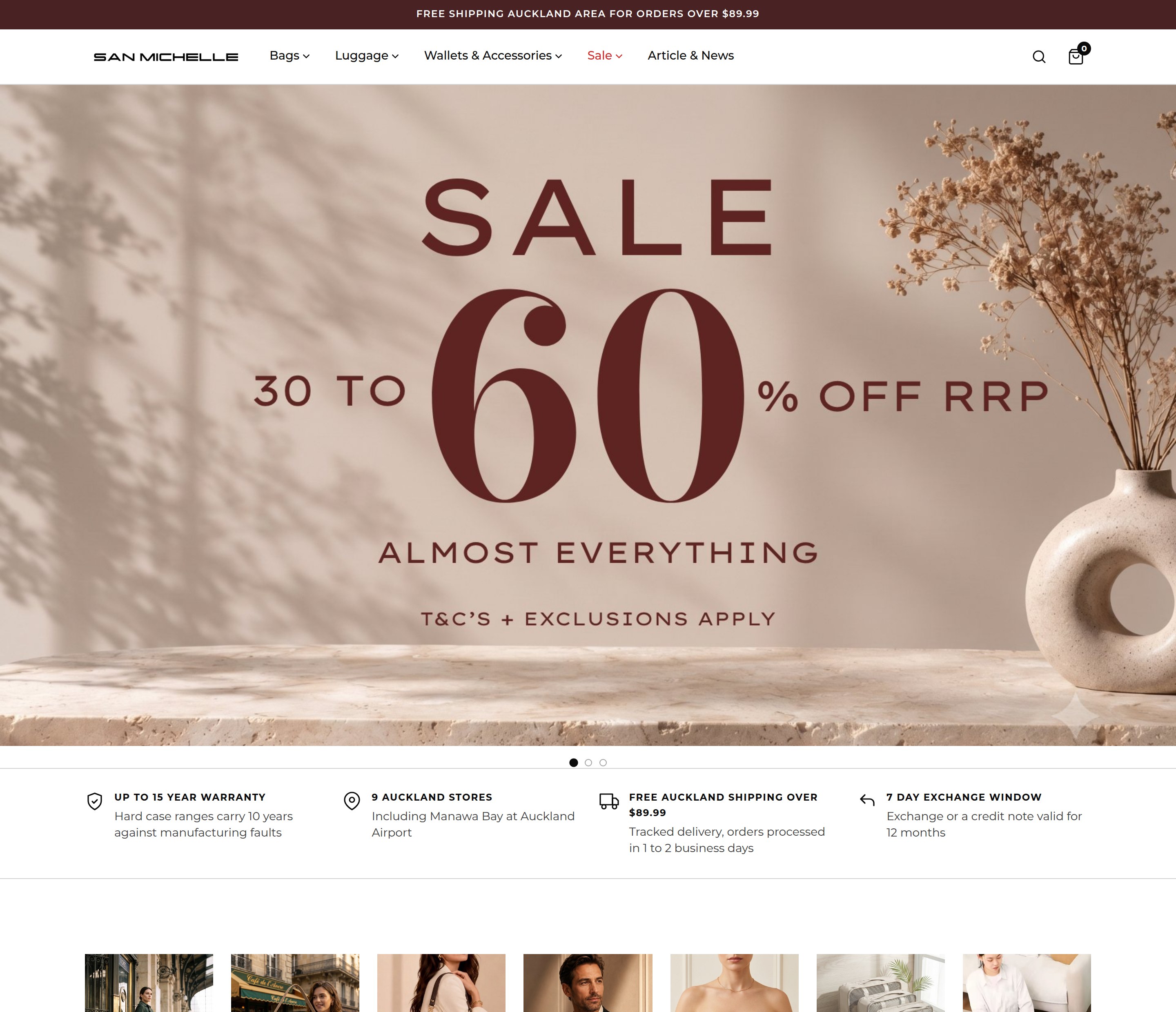 The San Michelle Bags homepage on desktop, showing a seasonal sale banner above a row of store promises and the range below