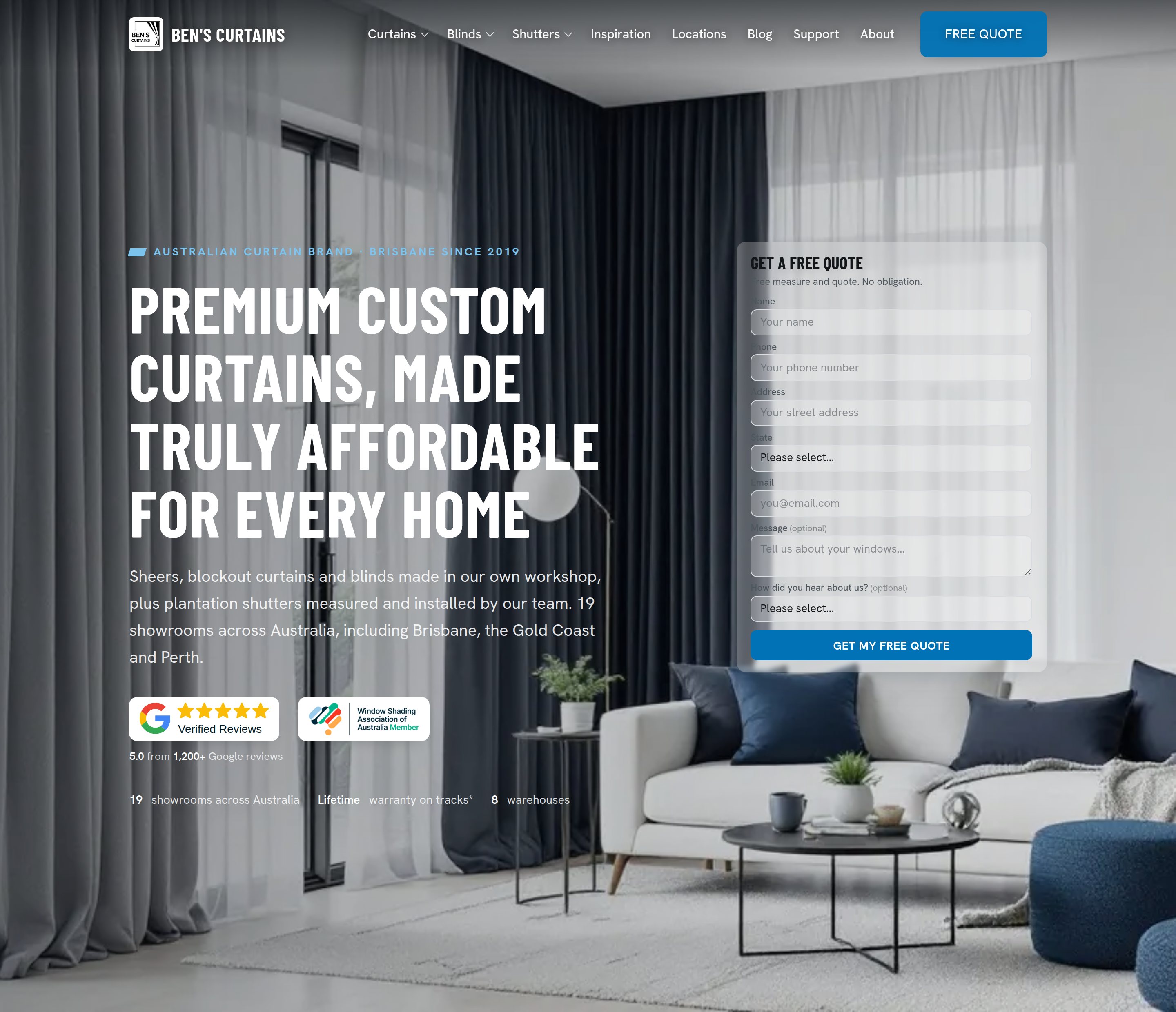 The Ben's Curtains homepage on desktop, with a living room photograph behind the headline and a free quote form on the right